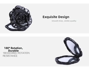 Detail of black rose-shaped folding makeup mirror with 180-degree rotation and dual mirrors