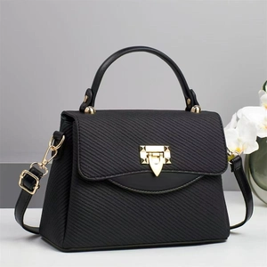 Woven Texture PU Leather Handbag Women Elegant Commuting Shoulder Crossbody Bag With Detachable Strap Gold Metal Lock
