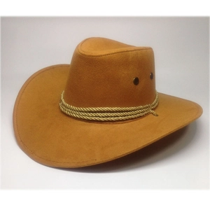 Classic tan faux suede cowboy hat with braided gold rope and metal eyelets for men