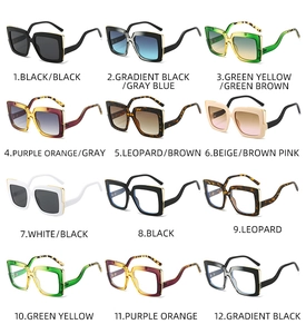 Grid view showcasing 12 color variants of large square frame sunglasses and clear lens glasses