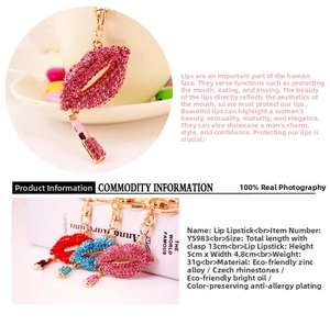 Detail of red rhinestone lips keychain with mini lipstick charm and zinc alloy base