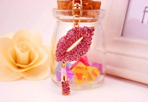 Sparkling pink rhinestone red lips keychain with mini lipstick charm on gold base