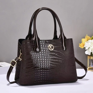 Women Croco Embossed PU Leather Handbag With Adjustable Strap Double Handle Glossy Alligator Pattern Shoulder Bag