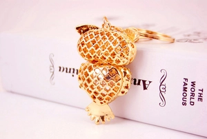 Close-up of golden hollow owl keychain with rhinestones resting on a white book spine