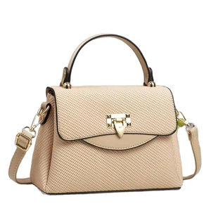 Elegant beige straw texture handbag with brown leather trim and golden triangle lock