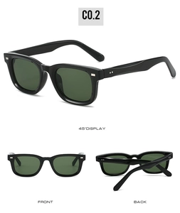 Drei Ansichten der schwarzen quadratischen Sonnenbrille mit dunkelgrünen Gläsern und Nieten