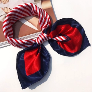 Elegant French style silk square scarf with red and white nautical stripes and navy accents