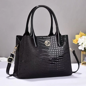 Elegant black leather handbag with crocodile pattern and metallic logo for women