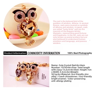 Detail of crystal owl keychain with brown heart gemstone and shiny rhinestones