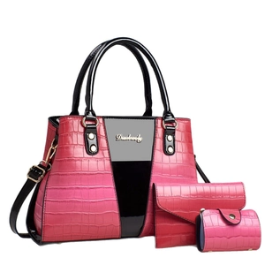 Peach pink crocodile pattern 3-piece handbag set with tote, wallet and round pouch