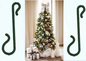 Detail of flexible green Christmas ornament hooks for hanging festive decorations on trees