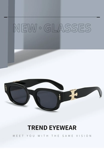 Detailed view of black oval sunglasses featuring gold eagle and dagger metal hardware