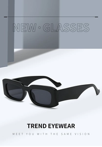 Close-up of rectangle black sunglasses with thick frames and wide stepped temples