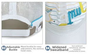 Detail of kids white mesh cap featuring an adjustable metal buckle and 3cm sweatband