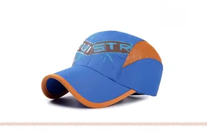 Detail of blue and orange quick-dry kids baseball cap with breathable mesh and Russia text