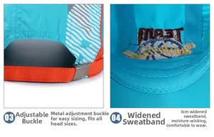 Detail of blue quick-dry cap showing the adjustable metal buckle and 3cm wide sweatband