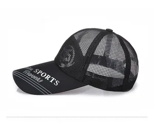 Side view of a black breathable mesh sports baseball cap with long brim and white text