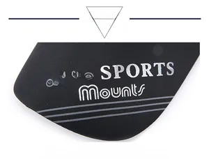 Macro view of white SPORTS Mounts print on black breathable baseball cap fabric