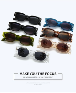 Detail of fashion oval sunglasses showing metallic sword accents on various frame colors