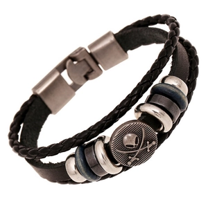 Vintage double-layer braided leather bracelet with skull charm and metal beads