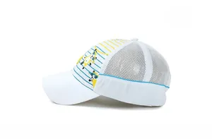 Detail of kids mesh baseball cap with cartoon raccoon print and breathable white mesh back