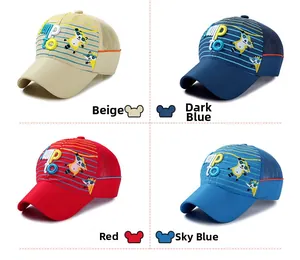 Close-up of kids quick-dry baseball caps in four colors with mesh panels and embroidery