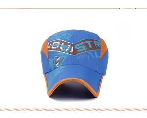 Detail of blue and orange patchwork kids baseball cap with breathable side mesh panels