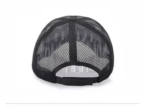 Back view of black mesh trucker hat with adjustable hook and loop closure system