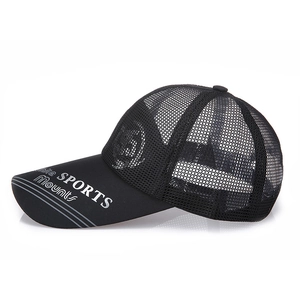 Black breathable mesh baseball cap with SPORTS embroidery and side logo for sun protection