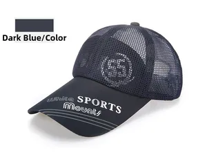 Detail of dark blue sports cap featuring breathable mesh and White SPORTS Mounts print