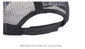 Detail of adjustable velcro strap on a black breathable mesh baseball cap for custom fit