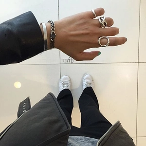 Lifestyle shot of S925 sterling silver geometric open rings and minimalist jewelry set