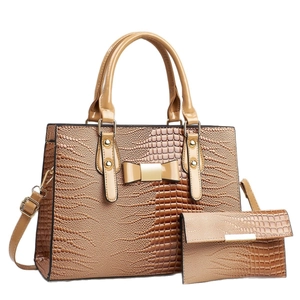 Caramel crocodile pattern women's tote bag set with matching wallet and gold accents