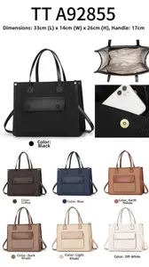 Detailed views of multi-color woven tote bags showing interior pockets and hardware
