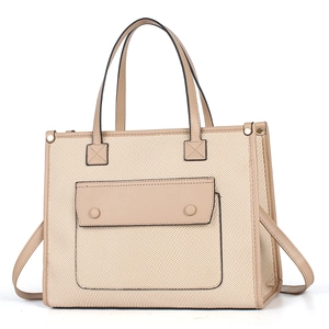Fashionable beige and khaki patchwork tote bag with woven texture and top handles