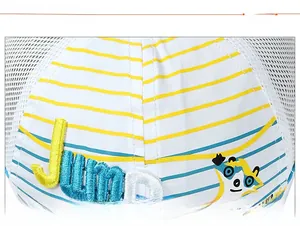 Detailed view of striped mesh sun hat featuring precise stitching and Jump embroidery