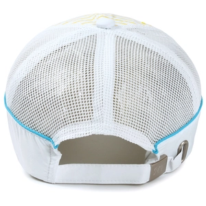 Rear view of white breathable mesh baseball cap for kids with blue trim and metal buckle