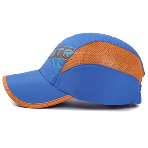 Kids quick-dry sports cap with blue and orange contrast breathable mesh panels