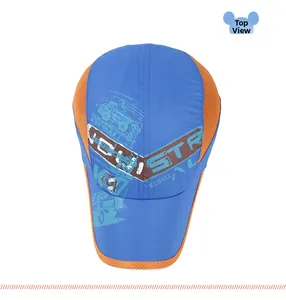 Top view of blue and orange quick-dry kids cap with vintage truck print and Russia text