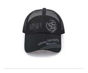 Front view of black breathable mesh trucker hat with SPOT logo and silver SPORTS text
