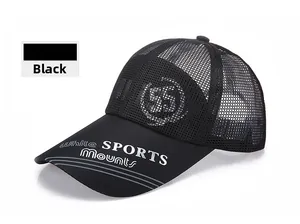 Detail of breathable black mesh sports baseball cap with grey stripes on the brim