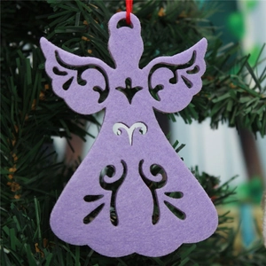 Detailed view of a purple felt angel ornament with cutout design on a Christmas tree