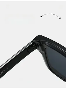 Detail showing the durable texture hinge and product codes on black square frame sunglasses