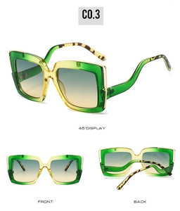 Three-view display of green and yellow gradient square oversized sunglasses with tortoiseshell legs