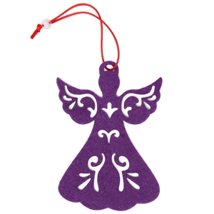 Purple felt angel Christmas tree ornament with intricate cutout wings and red string