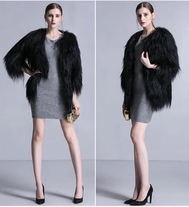 Detail of premium black faux fur long coat showing fluffy texture and elegant fit