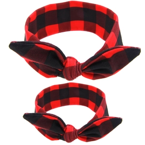 Red and black plaid mother and daughter headband set with cute rabbit ear bow design