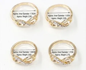 Detailed chart showing infinity ring sizes with diameters from 1.65cm up to 1.9cm