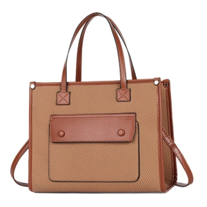 Classic brown woven tote bag with leather straps and front pocket for women