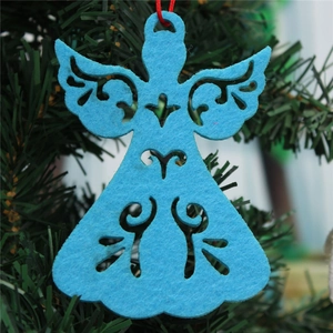 Light blue felt angel ornament with laser-cut detail hanging on a Christmas tree